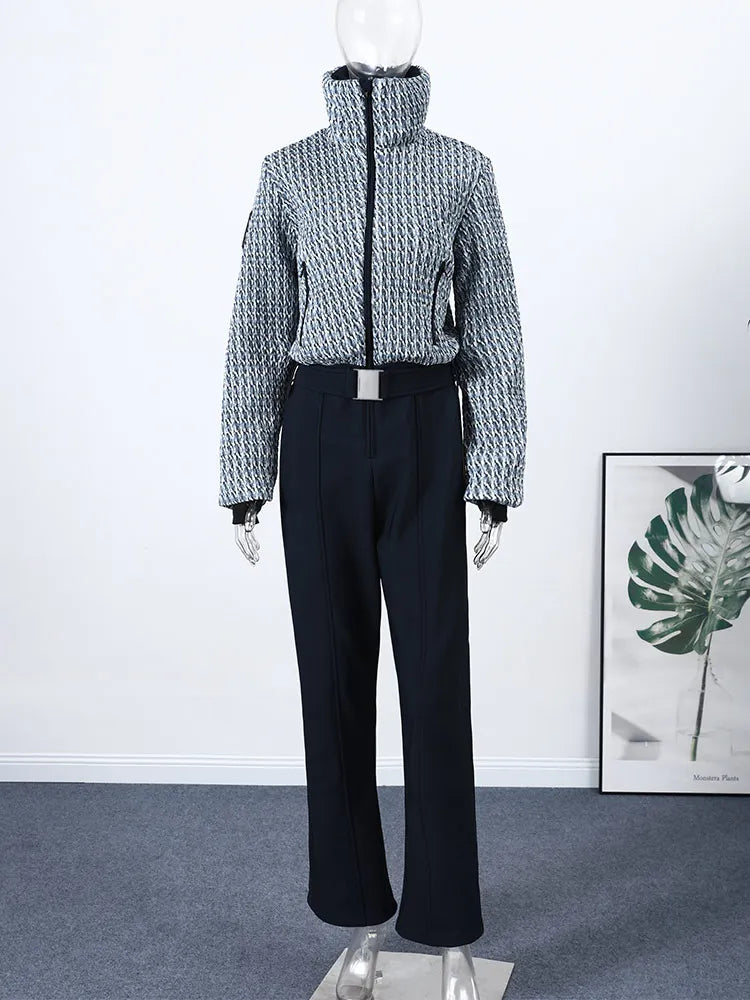 Elegant Print Thicken Ski Jumpsuit Women Chic Full Sleeve Stand Collar Zipper Belt Long Romper Fashion Warm High Waist Rompers - Matrix Studios