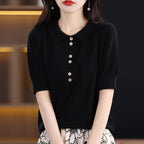 Women's T-shirt Summer 100% Cotton Sweater Short Sleeve Casual Knitwear POLO Collar Ladies' Tops Loose Pullover Tees Buttons - Matrix-studios.com