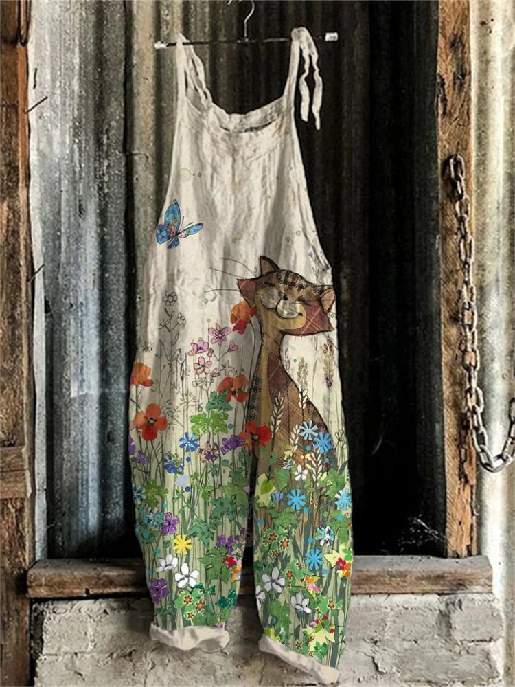 New Women Fun Cat Print Adjustable Strap Romper Autumn Wide Leg Romper Loose Casual Bib Overalls With Overalls Romper With Strap - Matrix Studios