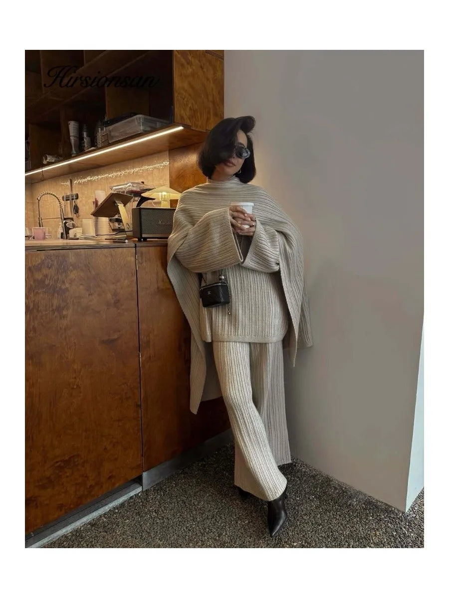 Hirsionsan Soft Elegant Vintage Women Suits 3 Pieces Female Sets O Neck Sweater & Wild Leg Pants with Scarf Knitted TrackSuit - Matrix-studios.com