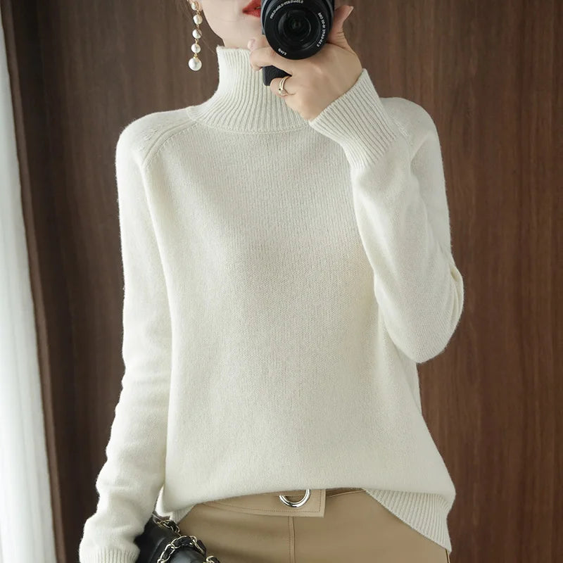 Autumn Winter Mock-Neck Merino Wool Pullover Basic Casual Cashmere Sweater Comfort Womes Raglan Sleeve Clothing Tops - Matrix Studios
