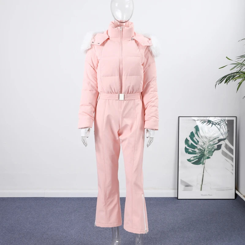 Chic Thicken Fur Patchwork Women's Ski Suit Slim Full Sleeve Hoody Zipper High Waist Skiwear 2026 Winter Warm Lady Romper - Matrix Studios