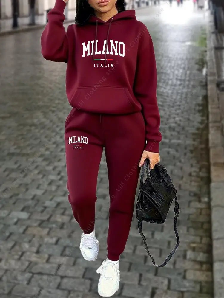 MILANO Pants Sets for Women Clothing High quality Sweatshirt Sweatpant Hoodie Suit 2 Piece Autumn Winter Outfits Woman Tracksuit - Matrix-studios.com