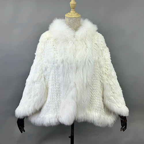 New Real Genuine Natural Knitted Rabbit Fur Shawl Coat With Fox Fur Collar Women's Fashion Knit Jacket Cape - Matrix Studios