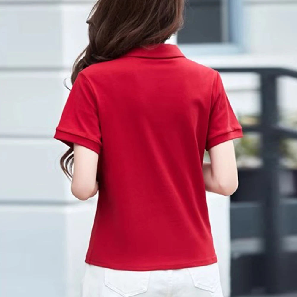 European Station Polo Neck Short sleeved T-shirt Women's Summer New Fashion Light Luxury Loose Large Cotton V-neck Casual Top - Matrix-studios.com