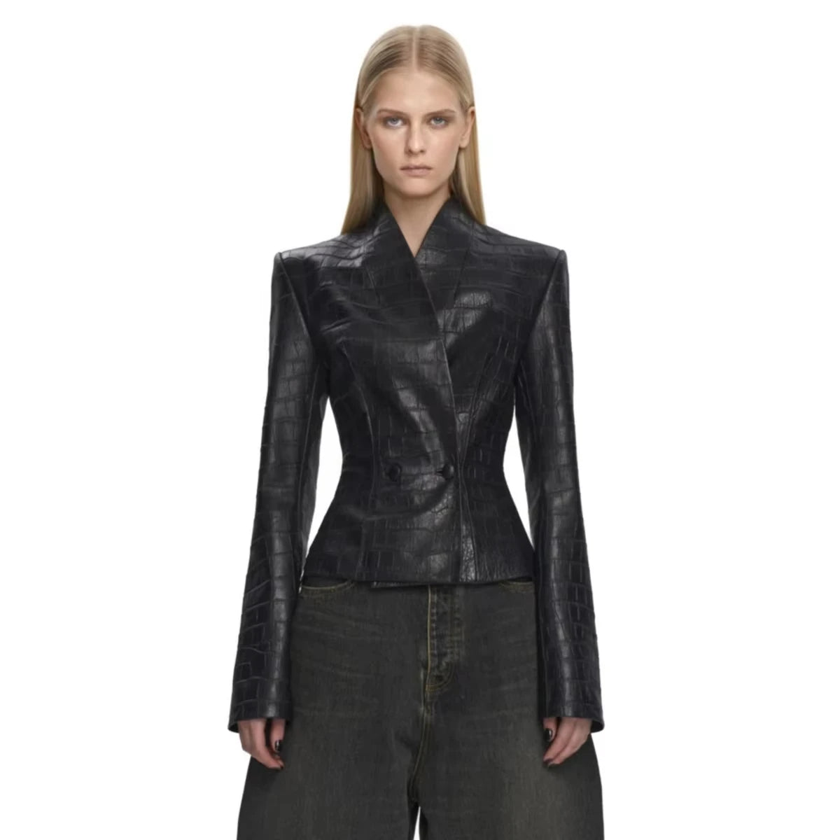 IG 2026 New Women's Gothic Faux Leather Embossed Fitted Leather Blazer Structured Shoulder Lace Cuff Casual Black Blazers - Matrix Studios