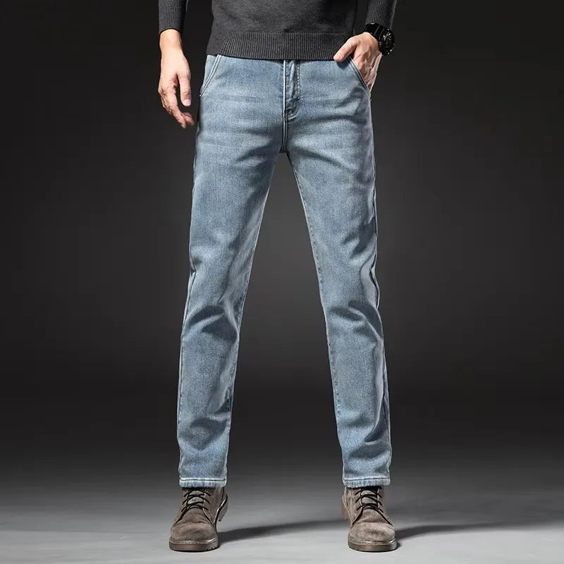 Winter Fleecy Thickened Warm Jeans Vintage Brand Classic Retro Youth Fashion Men Fit Straight Leg Casual Stretch Denim Pants - Matrix Studios