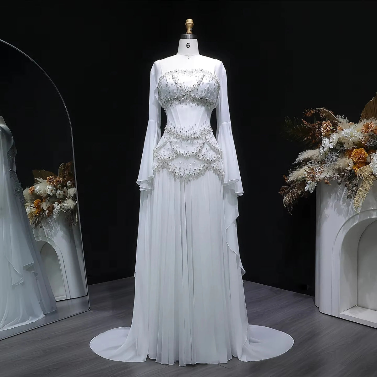 Sharon Said Elegant White and Yellow Chiffon Corset Celebrity Evening Dress with Jacket Flare Sleeves Luxury  SS286 SSCustomize - Matrix Studios