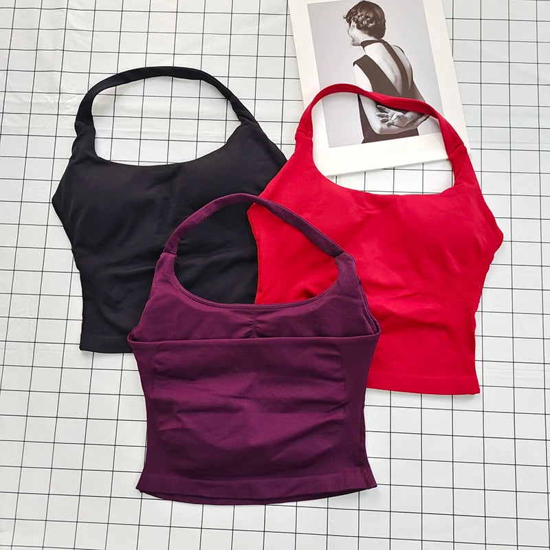 Women's Square Neck Deep Open Back Halter Bralette - Thick Straps, Slim-Fit, Removable Pads, Outerwear-Friendly Casual Top - Matrix Studios