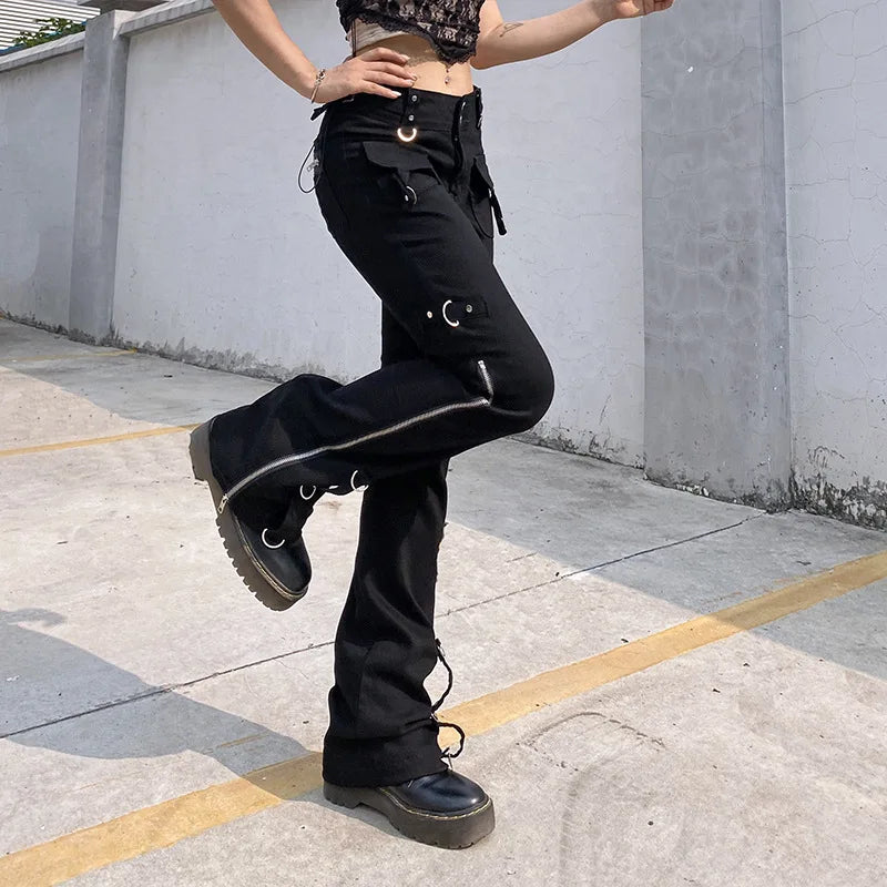 Dark Punk Y2k Grunge Low Waist Emo Jeans Mall Gothic Women Black Patchwork Electro Pants Fashion Streetwear Alt Clothes - Matrix-studios.com
