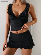 Vigoashely 2026 Vintage 3 PCS Skirt Tankini Set Women Black Ruffle High Waist Swimsuit Lady Backless Beach Swimwear Bathing Suit - Matrix-studios.com