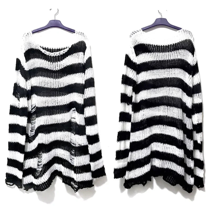 New Streetwear Top Punk Gothic Long Unisex Sweater Summer Women Striped Cool Hollow Out Hole Broken Jumper Loose Rock Thin Dark - Matrix Studios