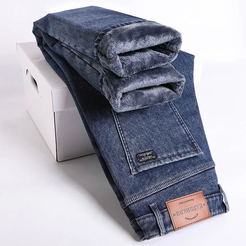 Winter Fleece Thick Warm Jeans Men's Slim Straight Elastic Denim Pants Casual Male Clothing Fashion Plush Trousers - Matrix Studios