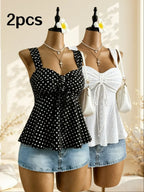 Women Sweetheart Neck Drawstring Ruched Peplum Cami Top Polka Dot Print Sleeveless Casual Camisole Outfit - Matrix-studios.com