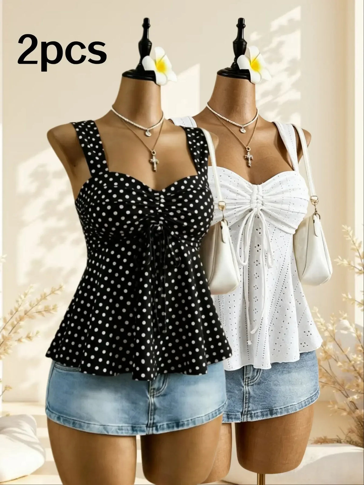 Women Sweetheart Neck Drawstring Ruched Peplum Cami Top Polka Dot Print Sleeveless Casual Camisole Outfit - Matrix-studios.com