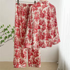 Fashion Print Flower 2PCS Pajamas Set Women Sleepwear Spring Summer Trouser Suits Lounge Wear Loose Satin Homewear Pijamas Suit - Matrix-studios.com