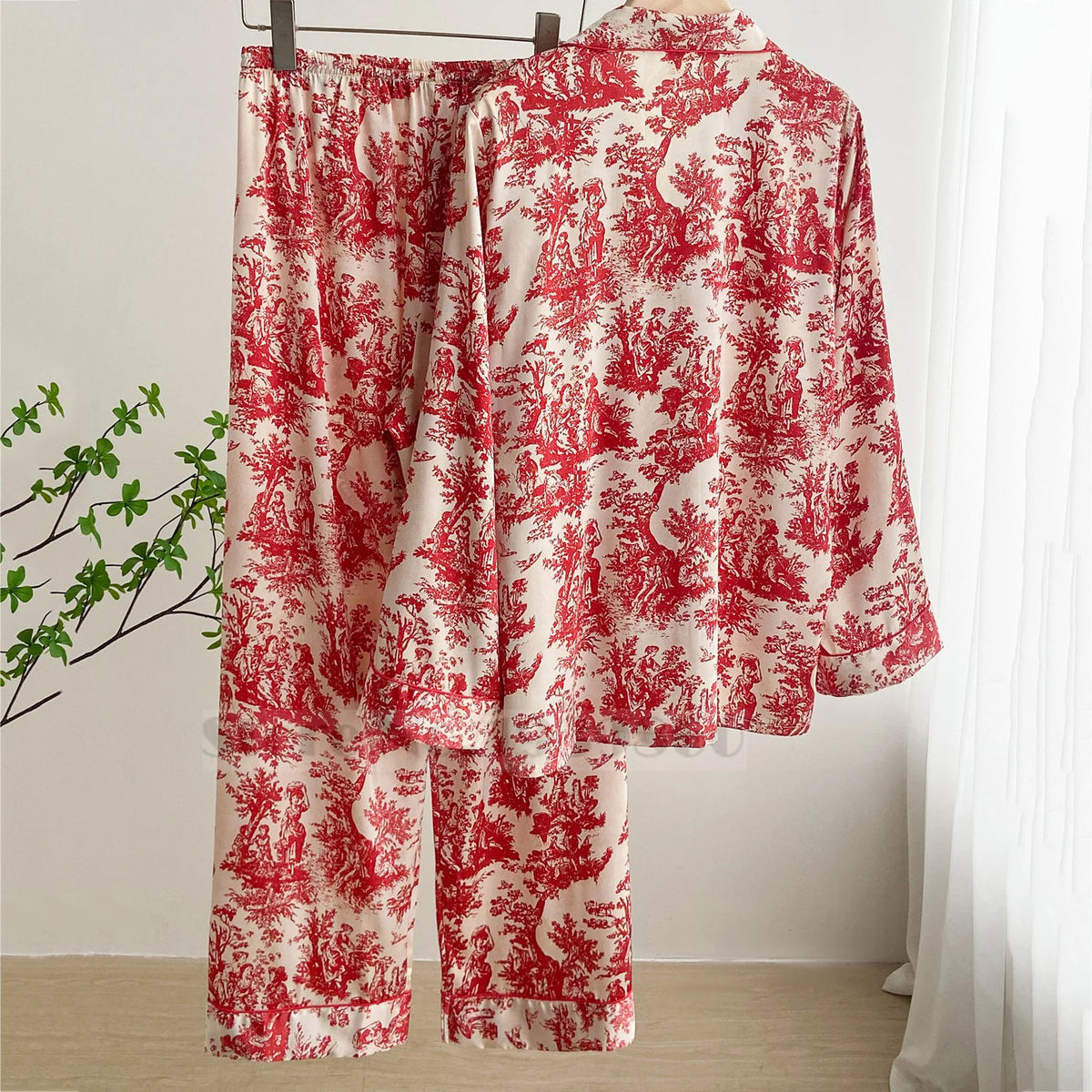 Fashion Print Flower 2PCS Pajamas Set Women Sleepwear Spring Summer Trouser Suits Lounge Wear Loose Satin Homewear Pijamas Suit - Matrix-studios.com