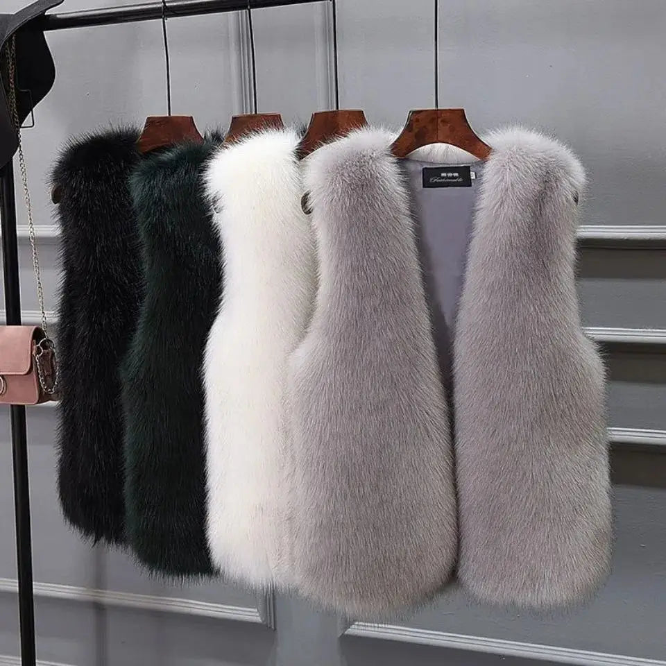 2025 Women's Thickened Warm Fox Fur Vest Spring Autumn Outerwear Cotton Lined Versatile Slimming Faux Fur Backless Tank Top - Matrix Studios