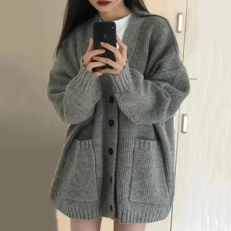 Korean College Style Single Breasted Cardigans Loose and Lazy V-neck Big Pocket Knitted Cardigan Women's Popular Coat Sweater - Matrix Studios
