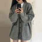 Korean College Style Single Breasted Cardigans Loose and Lazy V-neck Big Pocket Knitted Cardigan Women's Popular Coat Sweater - Matrix Studios