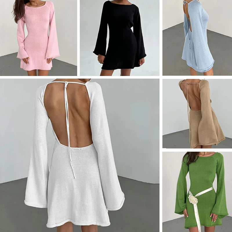 New sexy Backless Round Collar Cover-Ups Solid Color Knit Beachwear Stylish Horn Sleeve Beach suit Female Holiday wrap Dress - Matrix Studios