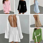 New sexy Backless Round Collar Cover-Ups Solid Color Knit Beachwear Stylish Horn Sleeve Beach suit Female Holiday wrap Dress - Matrix Studios