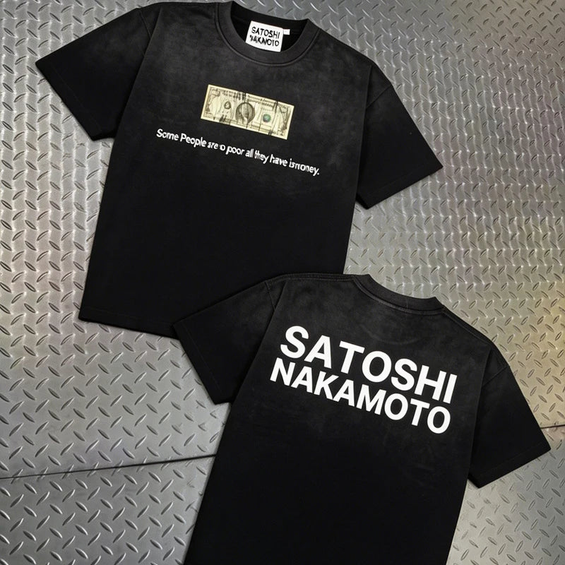 Europe America Trend Street Brand Satoshi Nakamoto T Shirts Colorful Letter Prints Washed Short-sleeved Men Women Loose Top Tee - Matrix-studios.com