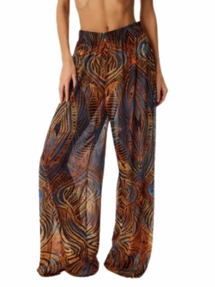 Women Mesh Ruffle Trim Cover Up Pants Beach Cover Up Cover Ups For Swimwear Beach Ruffle Pants 2025 Summer Pants - Matrix Studios