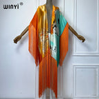 WINYI Kimono Cover-ups Summer Boho Print Bikini Cover-up Elegant Fashion Cardigan Sexy Holiday Long Sleeve Tassels Maxi Dress - Matrix Studios