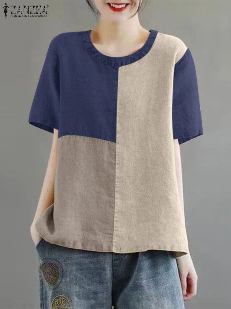 ZANZEA Women Patchwork Blouse 2024 Summer Short Sleeve Tunics Fashion Round Neck Shirts Casual Loose Holiday Cotton Linen Tops - Matrix-studios.com