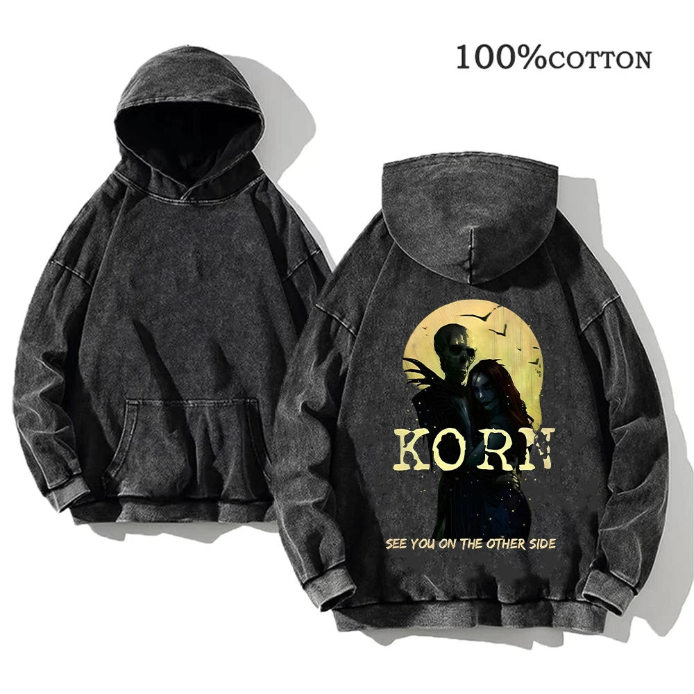 Korn Rock Band World Tour Hoodies Vintage Washed Men's Sweatshirts Cotton Hip Hop Streetwear Hooded Pullover Loose Y2K Tops - Matrix Studios