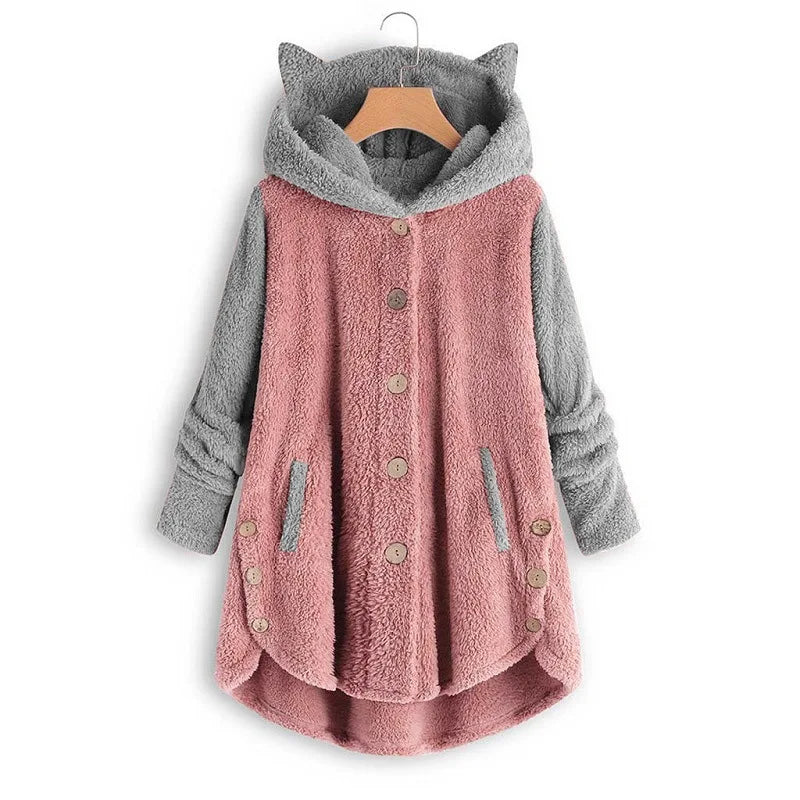 Cat Print Long Hoodies Sweatshirt Women Fleece Warm Button Pocket Pullovers Cat Ear Plus Size Hoodie Top Blouse Sweat Femme - Matrix Studios