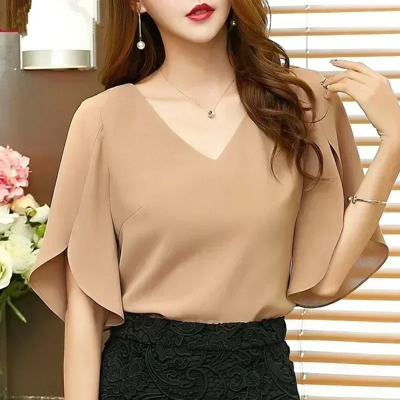 Women Chiffon Short Sleeve Shirt Sexy V-neck Loose Ruffled Chiffon Blouse. - Matrix-studios.com