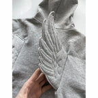 Women Grey Angel Wing Embroidered Hoodie Cute Kawaii Pullover Sweatshirt Wing Decoration Back Y2K Street Harajuku Loose Pullover - Matrix Studios