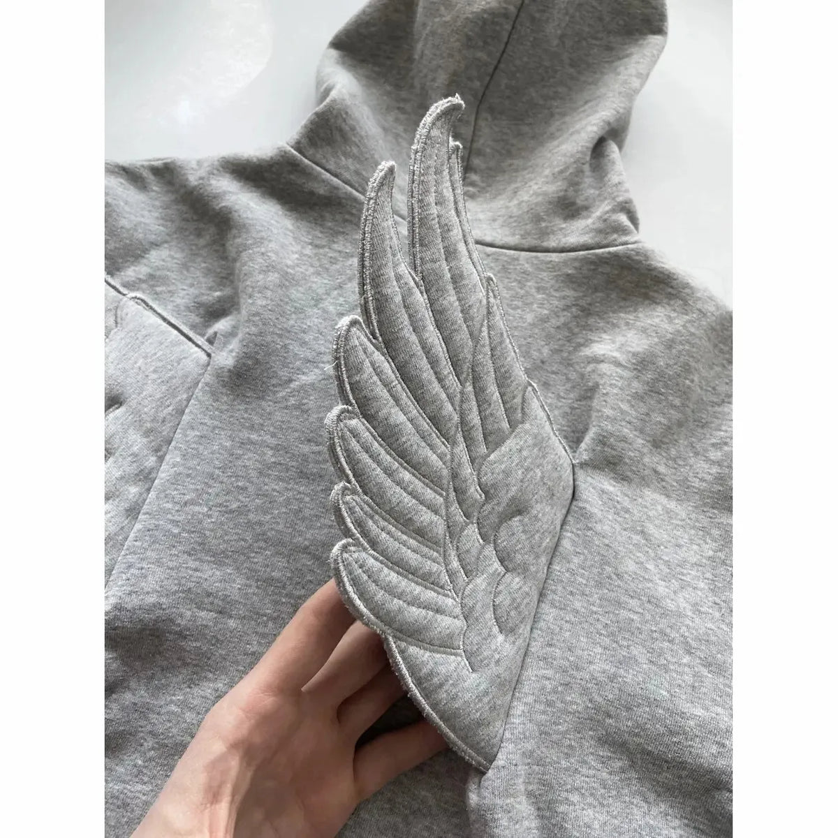 Women Grey Angel Wing Embroidered Hoodie Cute Kawaii Pullover Sweatshirt Wing Decoration Back Y2K Street Harajuku Loose Pullover - Matrix Studios