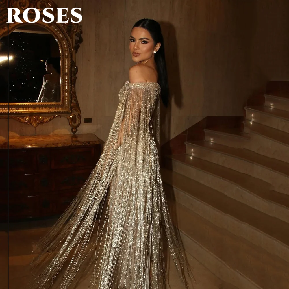 ROSES Gold Luxury Evening Dress Off Shoulder Tassel Party Dresses Cape Sleeve Prom Gown Shiny Mermaid robes du soir Customized - Matrix-studios.com