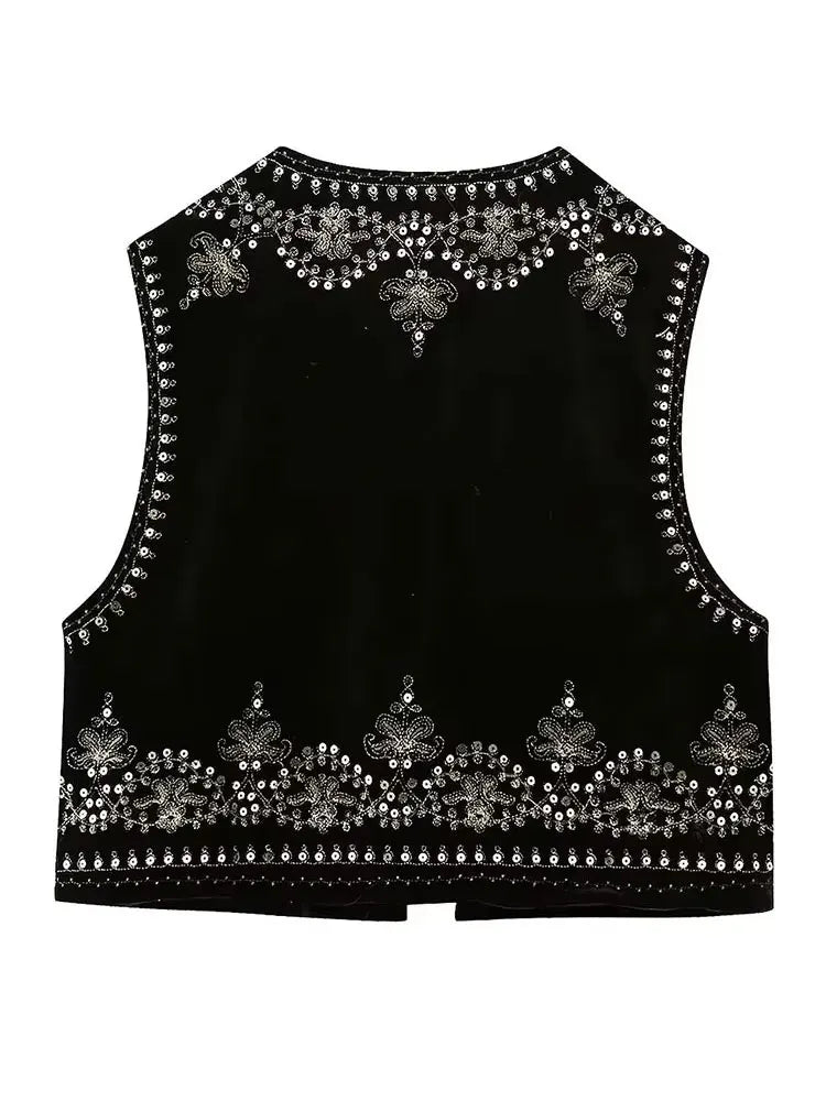 Vintage Autumn Velvet Embroidered Vest Sleeveless Jacket Women V Neck Chic Waistcoats Female Fashion Vests Coat 2023 - Matrix Studios