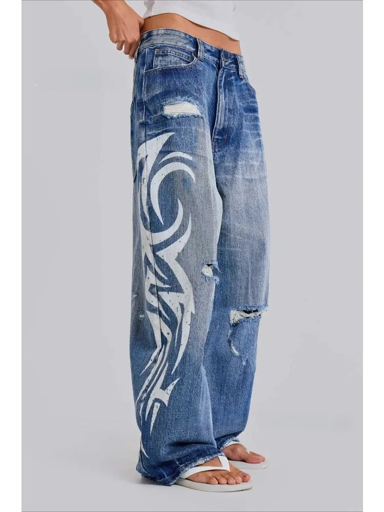 Deeptown Vintage Y2k Ripped Jeans Women Harajuku Print Blue Baggy Distressed Denim Trousers Hip Hop Grunge Streetwear Wide Jeans - Matrix-studios.com
