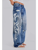 Deeptown Vintage Y2k Ripped Jeans Women Harajuku Print Blue Baggy Distressed Denim Trousers Hip Hop Grunge Streetwear Wide Jeans - Matrix-studios.com