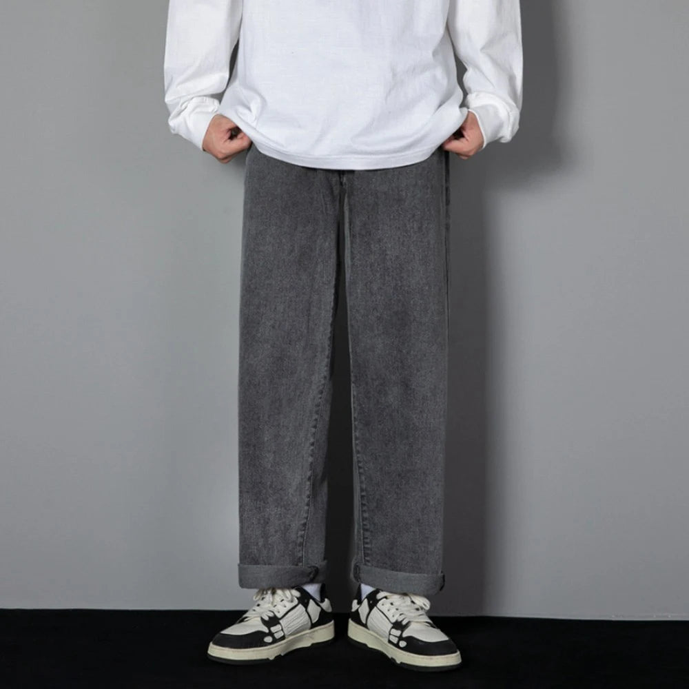 Korean Solid Colors Men's Casual Long Jeans Classic Man Four Seasons Straight Denim Wide-leg Pants Light Blue Grey Black 3XL - Matrix Studios