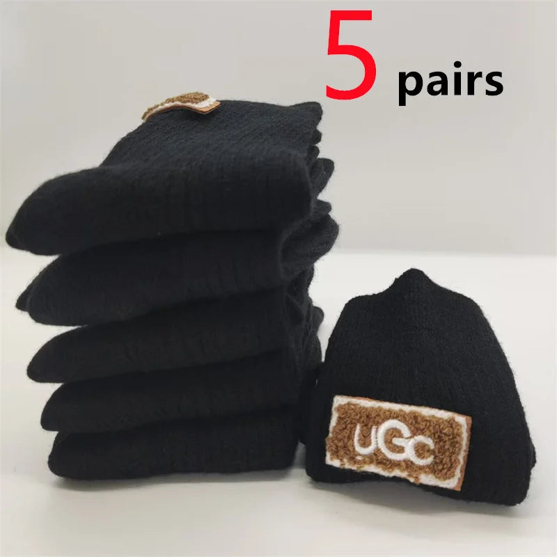 5/10 Pairs Socks Women Luxury Designer Cashmere Wool Sock Solid Warm Thick Pile Embroidered Logo Mid-Calf female Snow Boot Socks - Matrix Studios