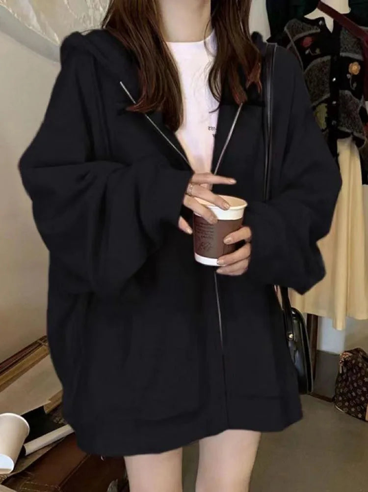 Oversize Women's Sweatshirts Autumn Casual Korean Long Sleeve Hooded Zip-up Y2k Hoodies Streetwear Harajuku Female Clothes Black - Matrix Studios