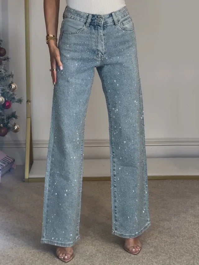 Straight Jeans for Women Diamonds Pants Stretch High Waist Washed Distressed Pockets Vintage Denims Streetwear Female Trousers - Matrix-studios.com