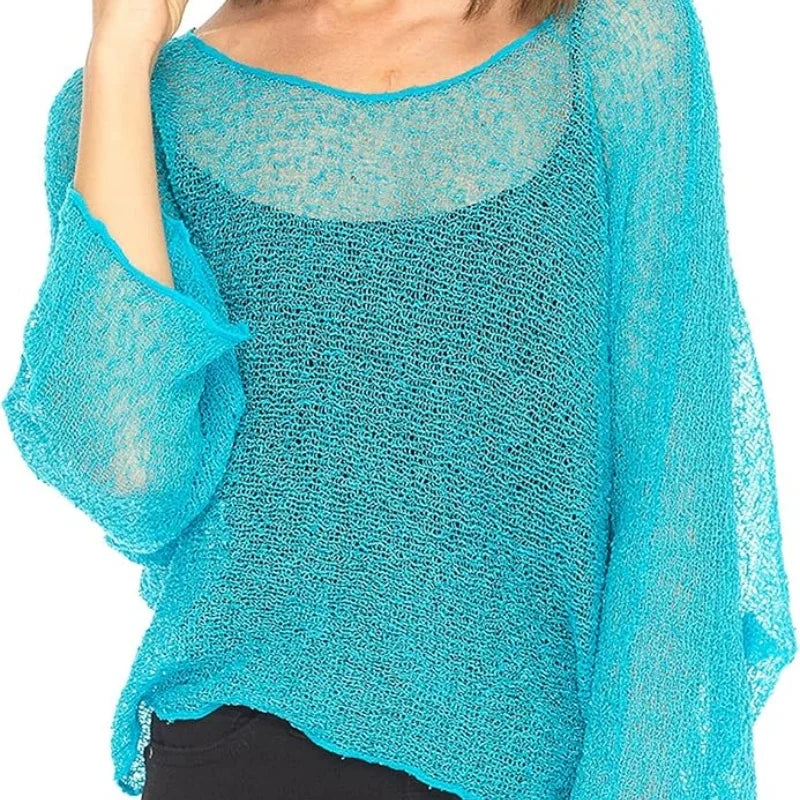 Women Knit Cover-ups Summer Autumn See-through Irregular Loose Pullover Summer Beach Smock Crop Tops Bikinis Cover Ups - Matrix Studios