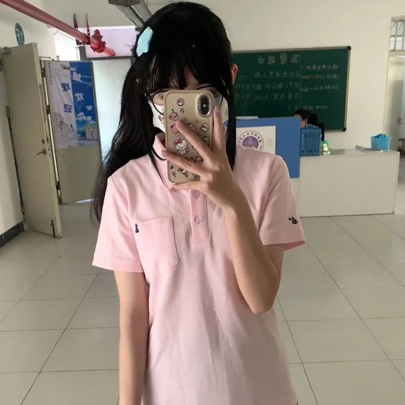 Deeptown Basic Embroidere T-Shirts Women Short Sleeve Polo Collar Japanese Style JK Tees Slim Preppy Solid Color Summer Youthful - Matrix-studios.com