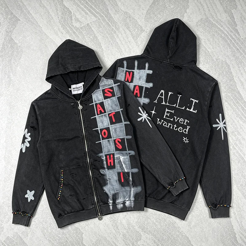 2026 New SATOSHI NAKAMOTO Men Women Zip Hoodie Distressed Ripped Checkered Graffiti Star Rhinestone Street Jacket - Matrix-studios.com