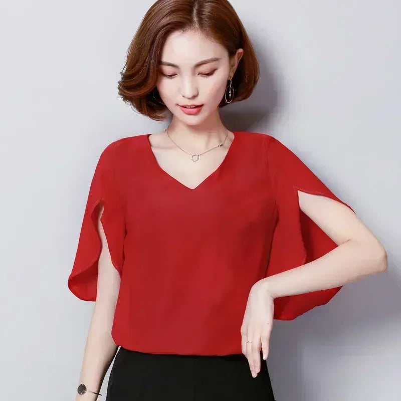 Women Chiffon Short Sleeve Shirt Sexy V-neck Loose Ruffled Chiffon Blouse. - Matrix-studios.com