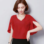 Women Chiffon Short Sleeve Shirt Sexy V-neck Loose Ruffled Chiffon Blouse. - Matrix-studios.com