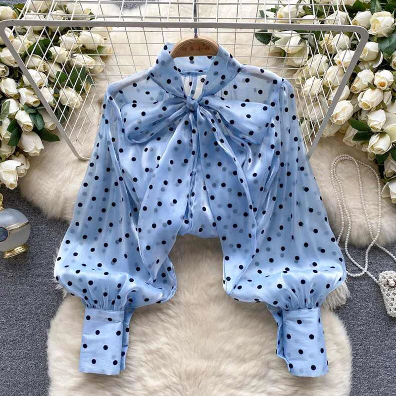 Women Spring Autumn Shirt Fashion French Retro Casual High-end Polka Dot Blouse with Bubble Sleeves Bow Design Blouse Top S263 - Matrix-studios.com