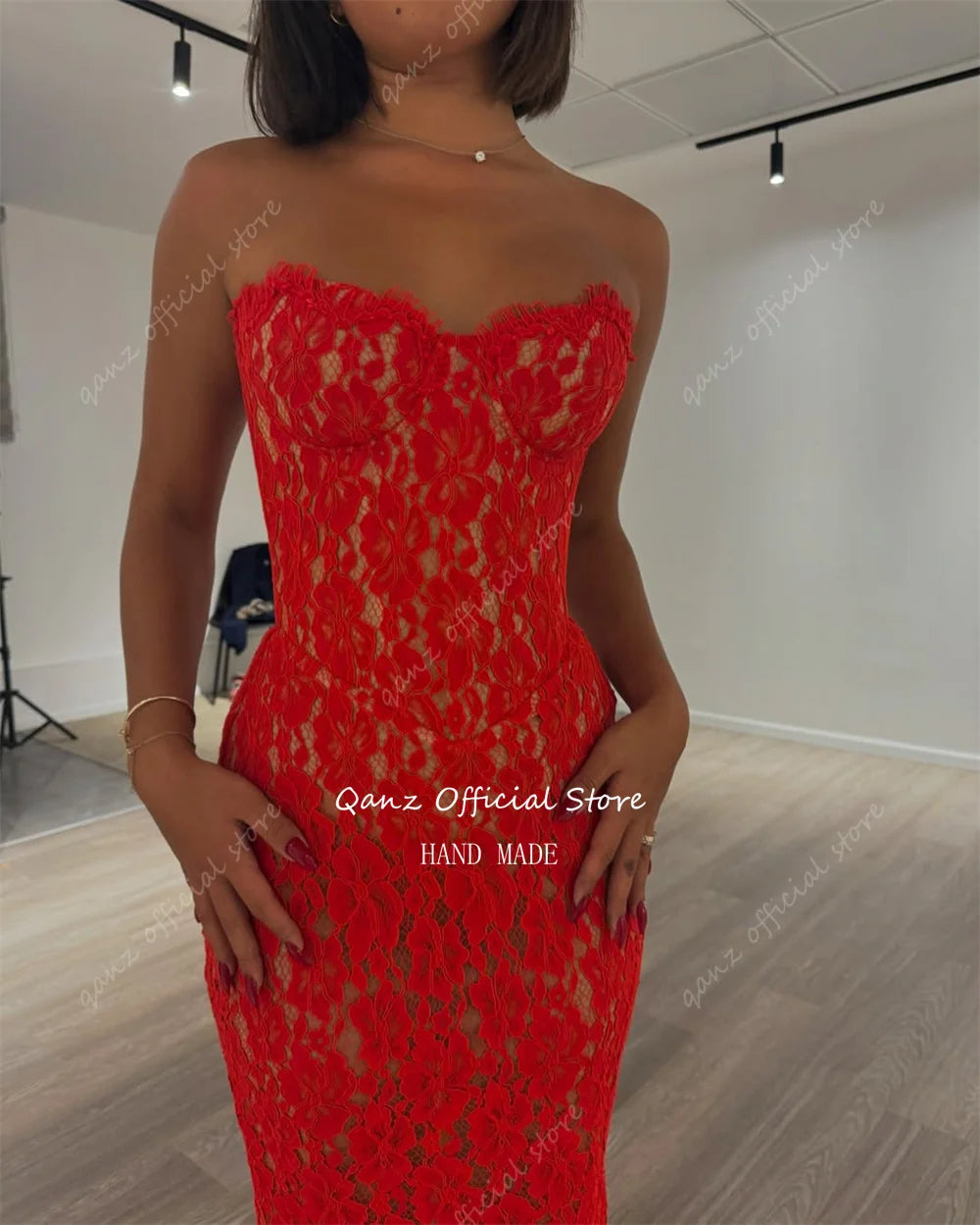 Qanz Red Lace Appliques Robes De Soirée Sweethert Sleevelss Mermaid Prom Dresses Corset Back Evening Dresses Woman Customized - Matrix-studios.com